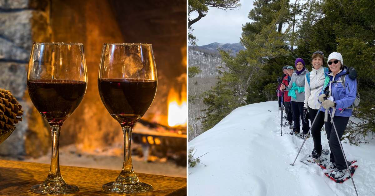 split image. on left is two glasses of red wine by a fire. on right is group of people snowshoeing