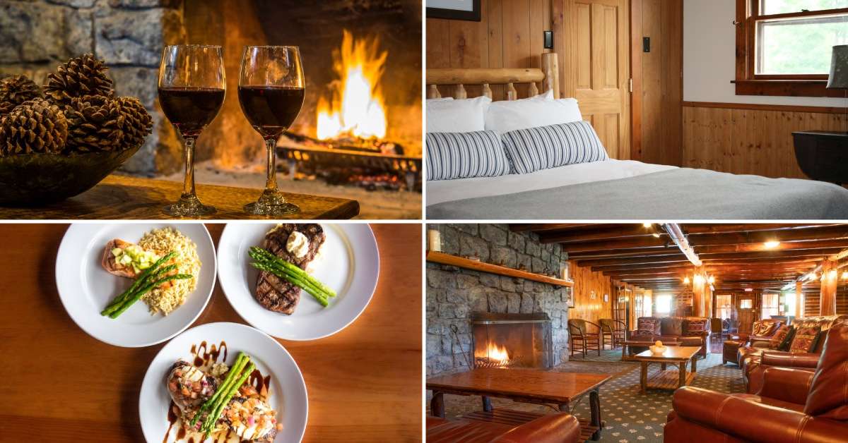 collage of images of wine glasses in front of a fire, a bed, plates of food, and garnet hill lodge's lounge area