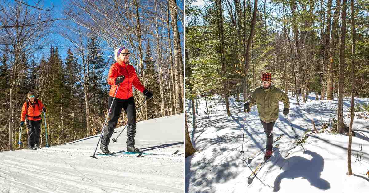 split image. on left is two cross country skiers on a trail. on right is one cross country skier on a trail