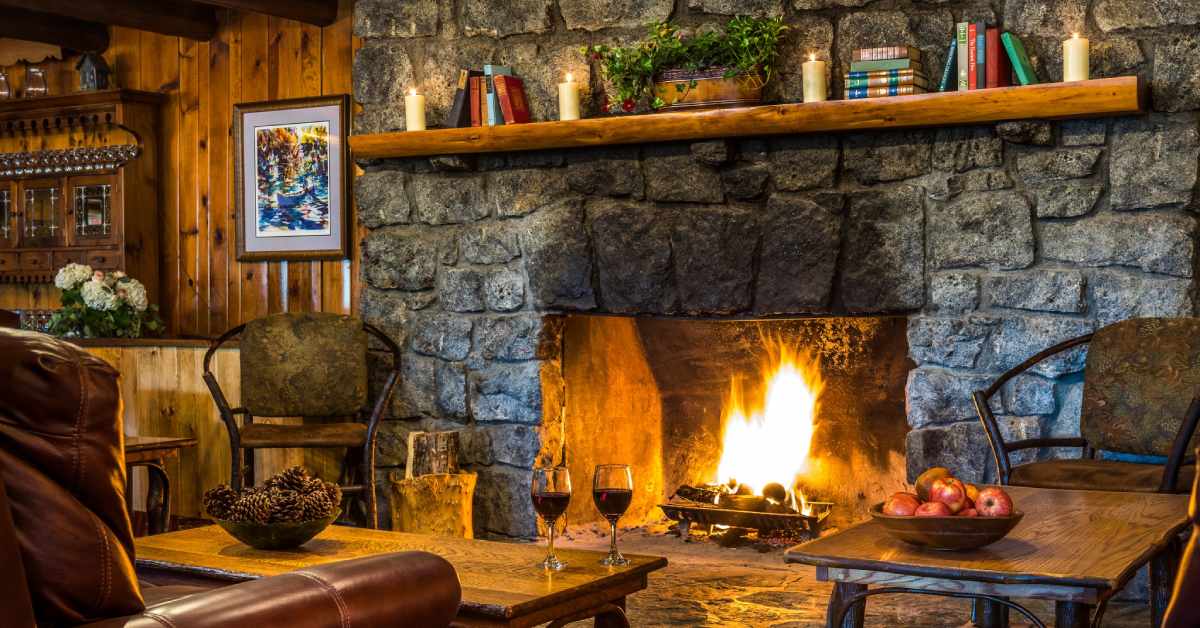 two wine glasses on a table in front of a fireplace