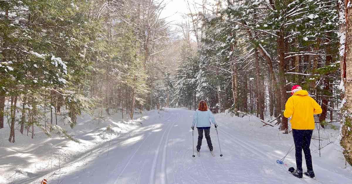 man and woman cross country skiing on a trail