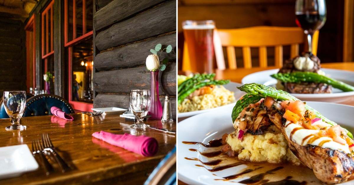 split image. on left is set table at the log house restaurant. on the right is three plates of food from the restaurant