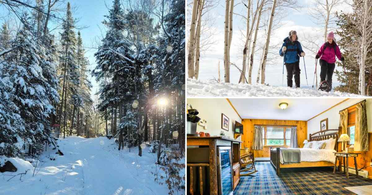 collage of photos of snowy woods, couple snowshoeing, and the interior of a room at garnet hill lodge
