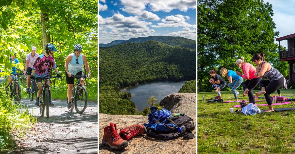 people mountain biking, hiking, and doing yoga at garnet hill lodge