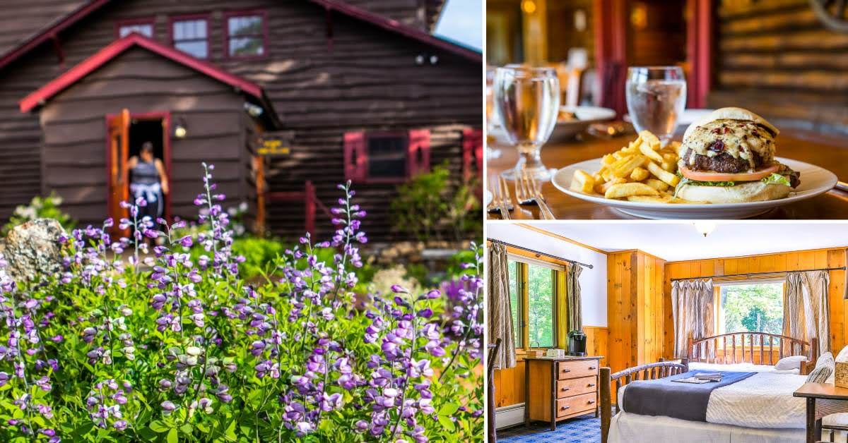collage of images of exterior of garnet hill, a room, and food