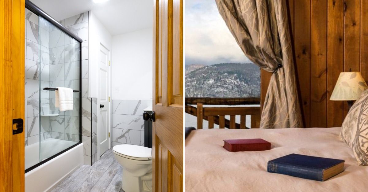 split image. on left is bathroom. on right is bed overlooking snowy mountains.