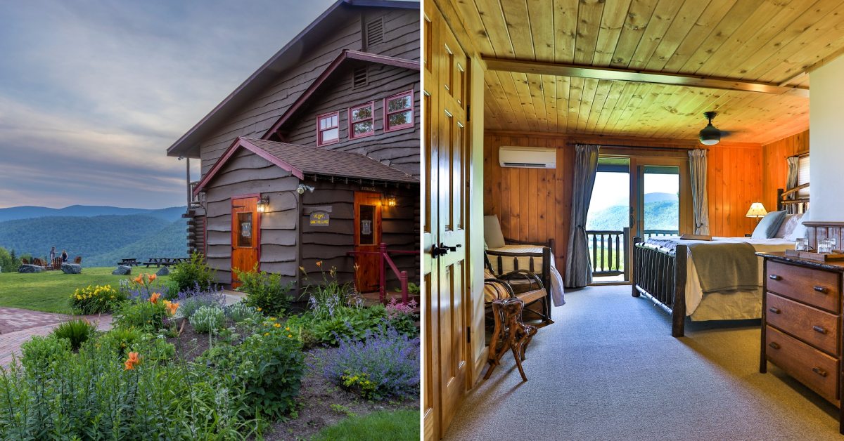 exterior of garnet hill on the left, inside a guest room on the right