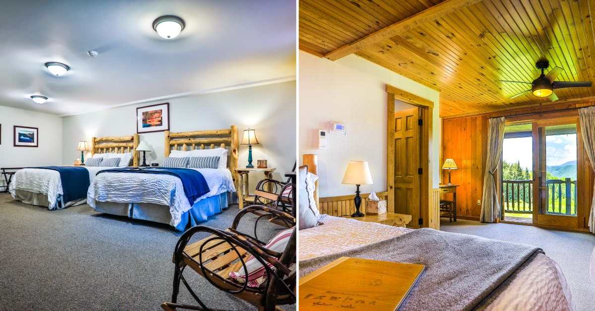 split image. on left is view of garnet hill lodge room with two queen beds. on right is view of balcony in garnet hill lodge room