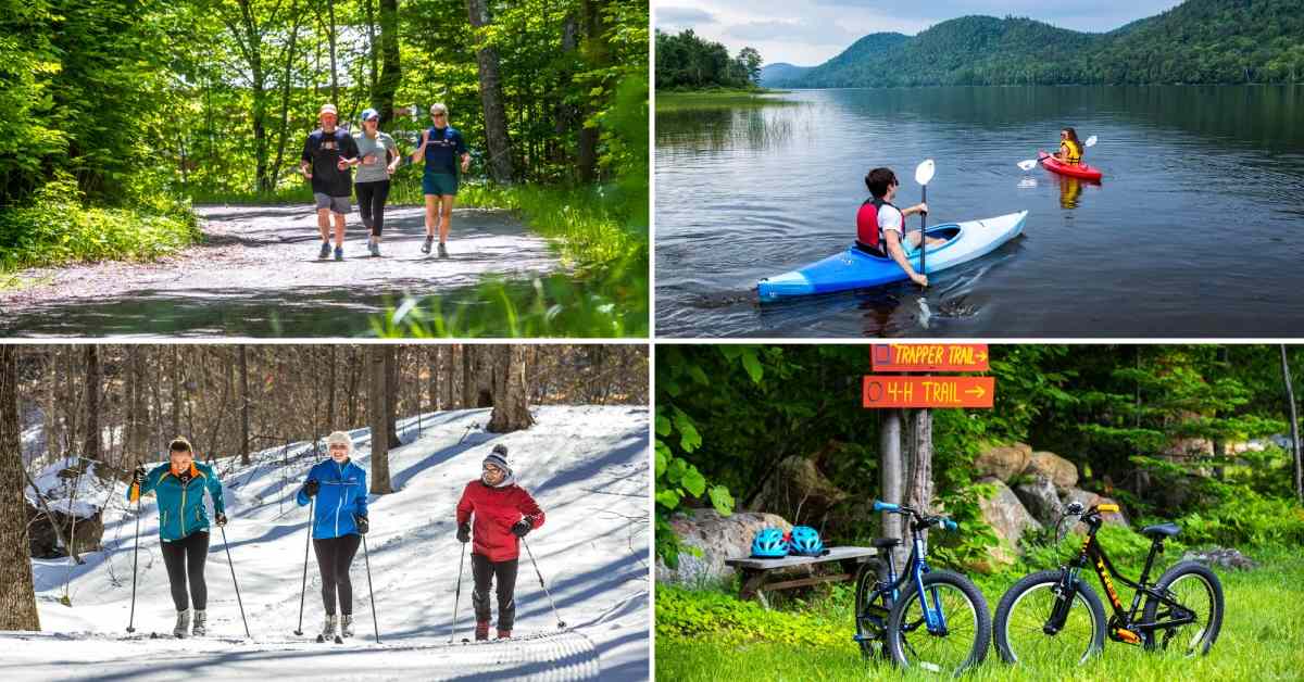 collage of images of three people running on a trail, two people kayaking on thirteenth lake, three people cross-country skiing, and two mountain bikes parked in front of a sign