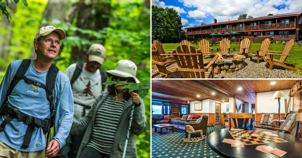 collage of photos of three people hiking in the woods, adirondack chairs around a fire pit on a sunny day at garnet hill lodge, and a lounge space with a game table