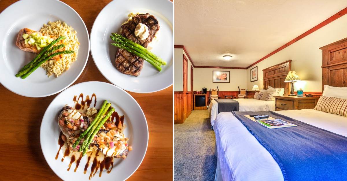 split image. on left is plates of food from the Log House Restaurant. on right is interior of room with two beds at garnet hill lodge
